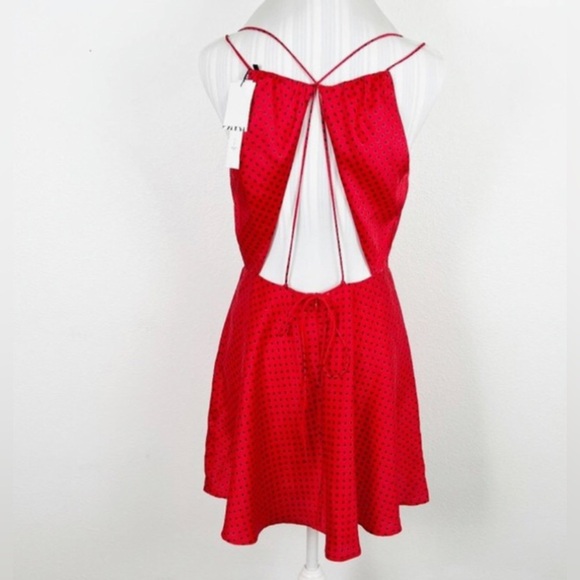 Zara red black polka dot satin silk effect open back mini flare dress size small - Picture 7 of 8